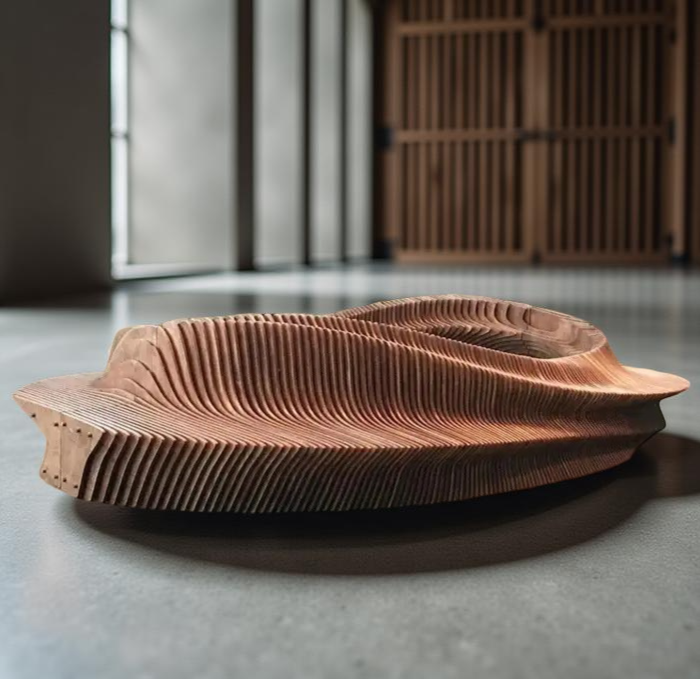 Modern parametric commercial bench Ventura — sculptural layered wooden seating for lobby or public space
