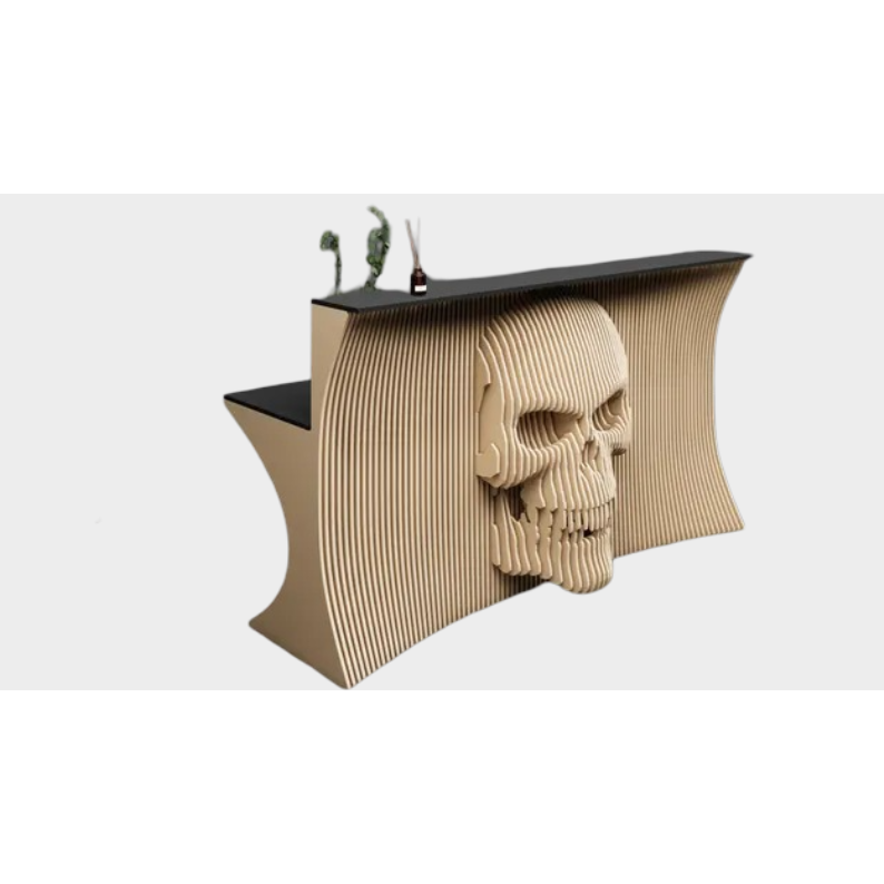 Parametric reception desk with a skull design made of birch plywood in a loft-style interior