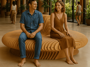 Parametric wooden bench made of layered plywood in a modern interior, 2025 design trend.