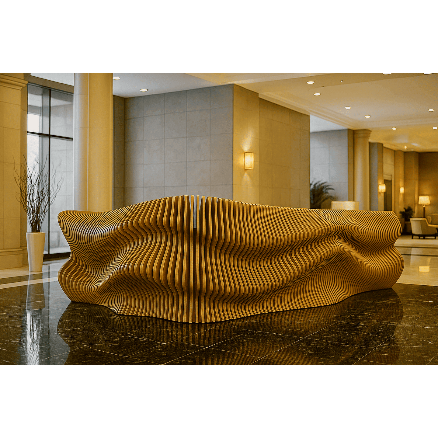 Parametric reception desk made of layered plywood with natural oil finish, placed in a modern hotel lobby interior.