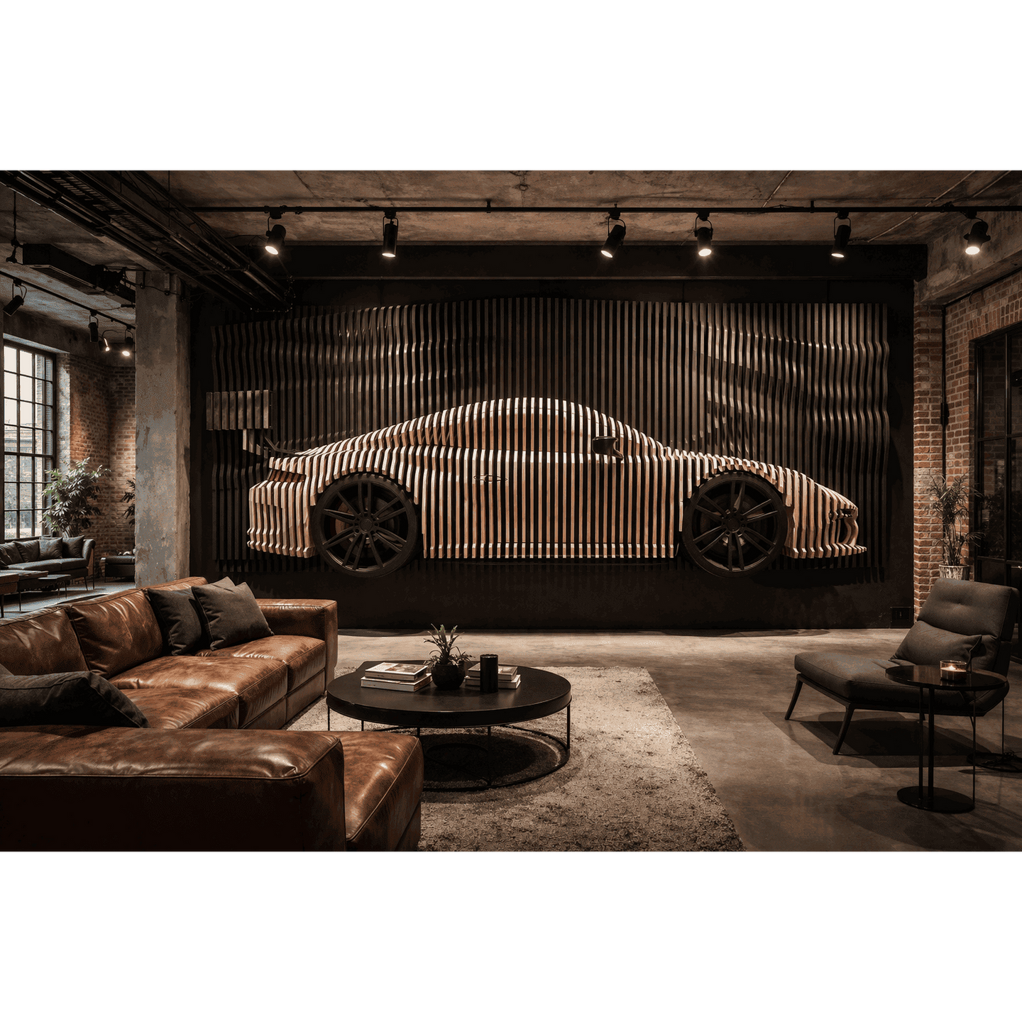 Parametric Porsche wall sculpture made from birch plywood installed as a modern wood accent wall with black architectural bac