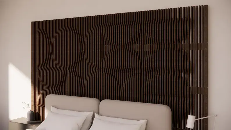 Modern bedroom with a large wooden parametric panel titled "Geometric Shapes" behind the bed. The panel features 3D geometric