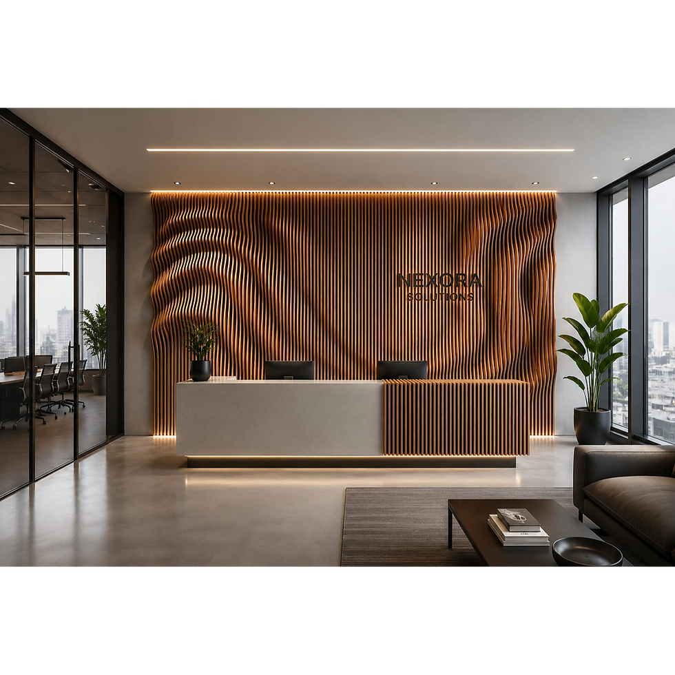 Architectural wooden slat wall panel art with flowing parametric pattern in upscale office interior