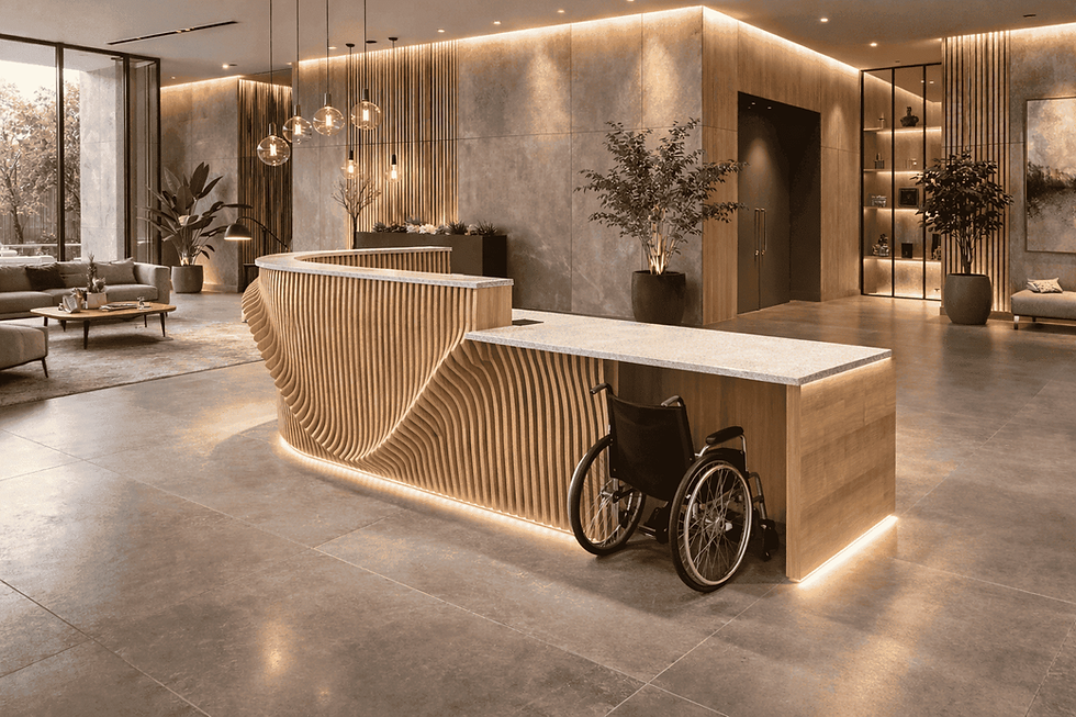 Custom modern front desk made in the USA with architectural wood design