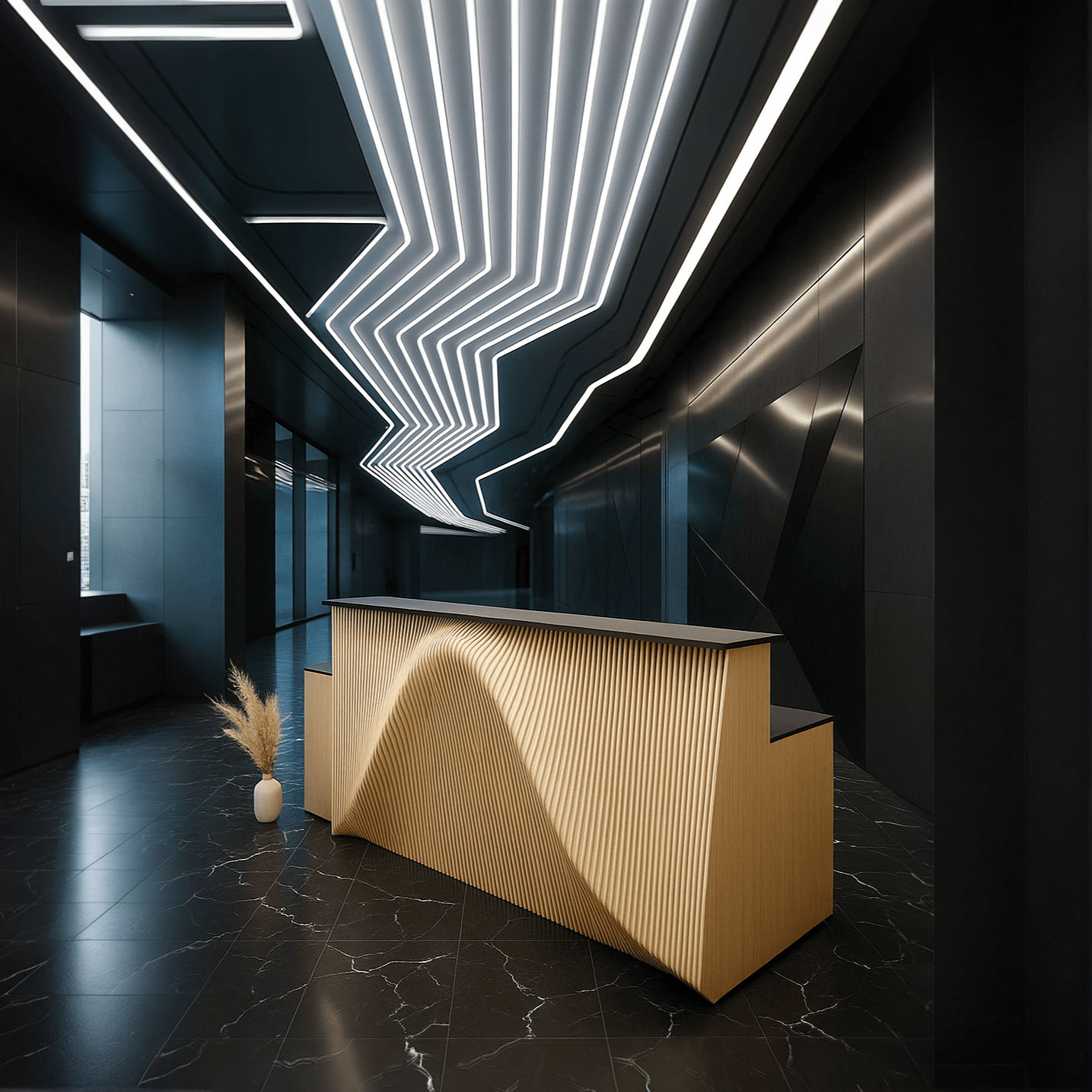 Parametric plywood reception desk in natural finish, set in modern interior.
