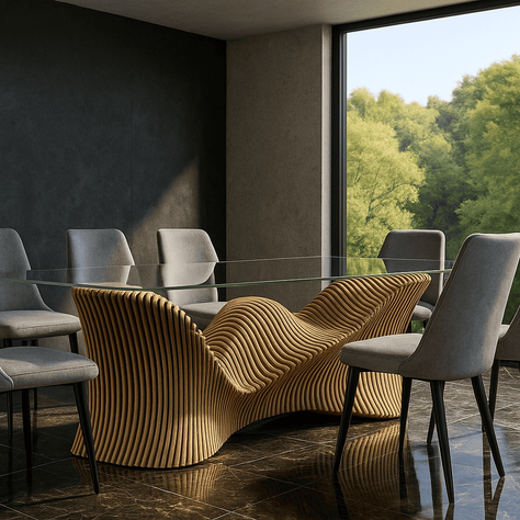 Modern parametric dining table with plywood base and clear acrylic top, set in a contemporary interior