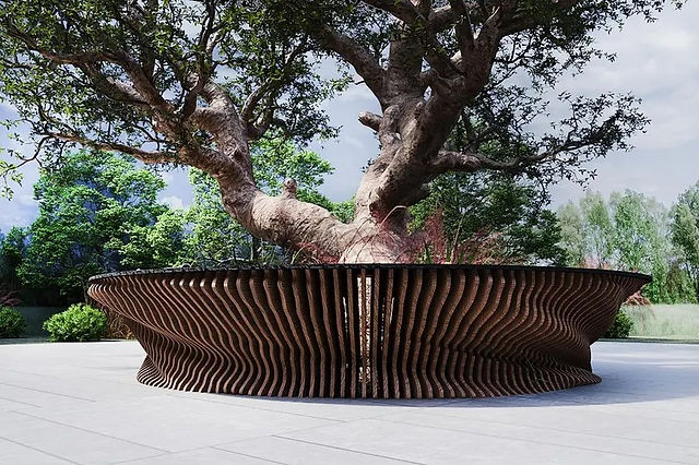 modern wooden circle bench with tree plant inside from our collection modern parametric furniture USA