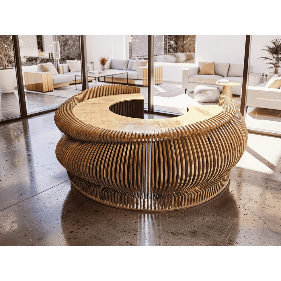 Parametric circular reception desk with layered wooden wave design, sculptural slatted construction