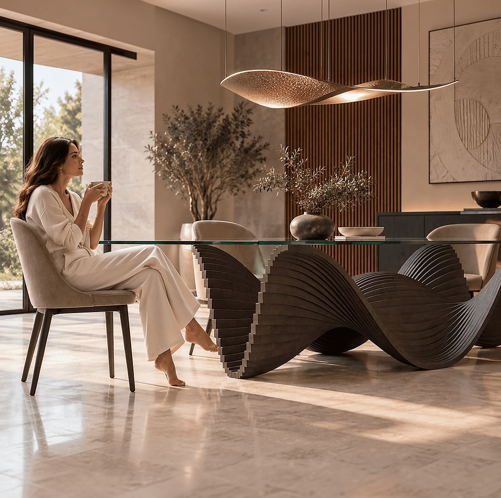 Lightness custom parametric dining table featuring a sculptural wave-shaped wooden base and transparent glass tabletop
