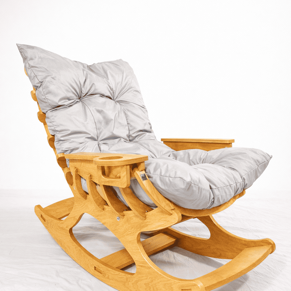 modern wooden outdoor rocking chair with soft gray cushion