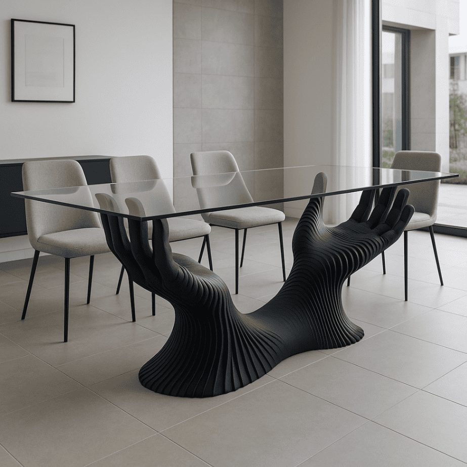 Hands of Atlas Dining Tables Table — sculptural parametric dining table with two hand-shaped bases and a large 118-inch glass