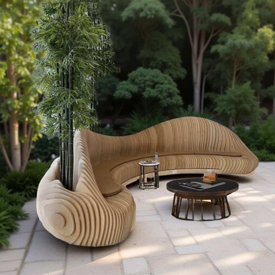 Outdoor wood bench with parametric design installed around a tree in a park setting.