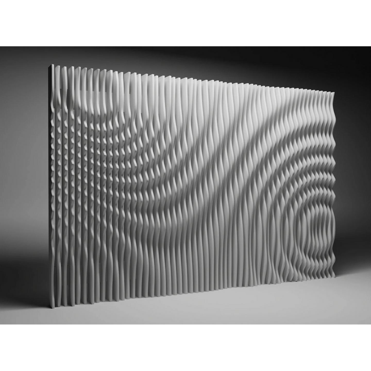 Ocean Ripple Wall — sculptural 3D parametric wood paneling for walls made from premium oak or birch plywood, featuring a wave