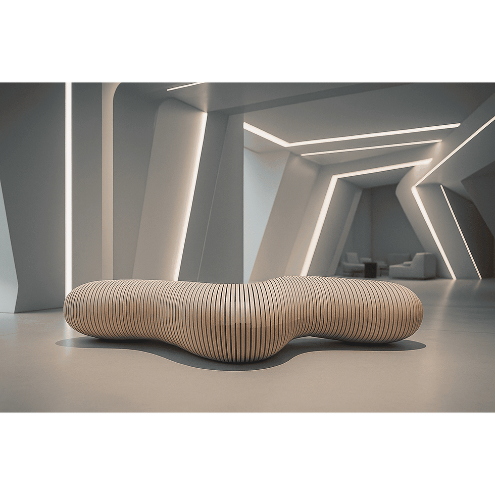 Parametric wooden bench made from birch plywood with a smooth organic shape, finished in linseed oil and varnish