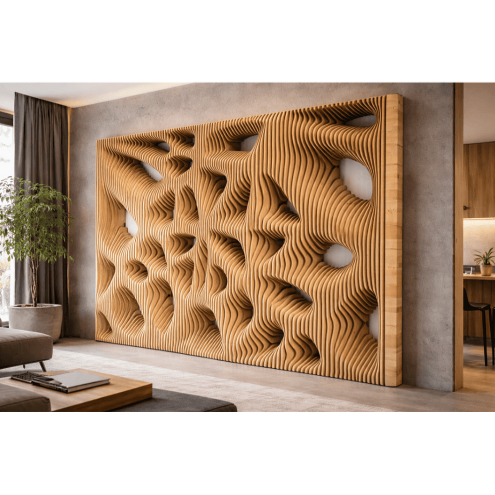 Parametric decorative wall panels with visible plywood layers in a modern interior.