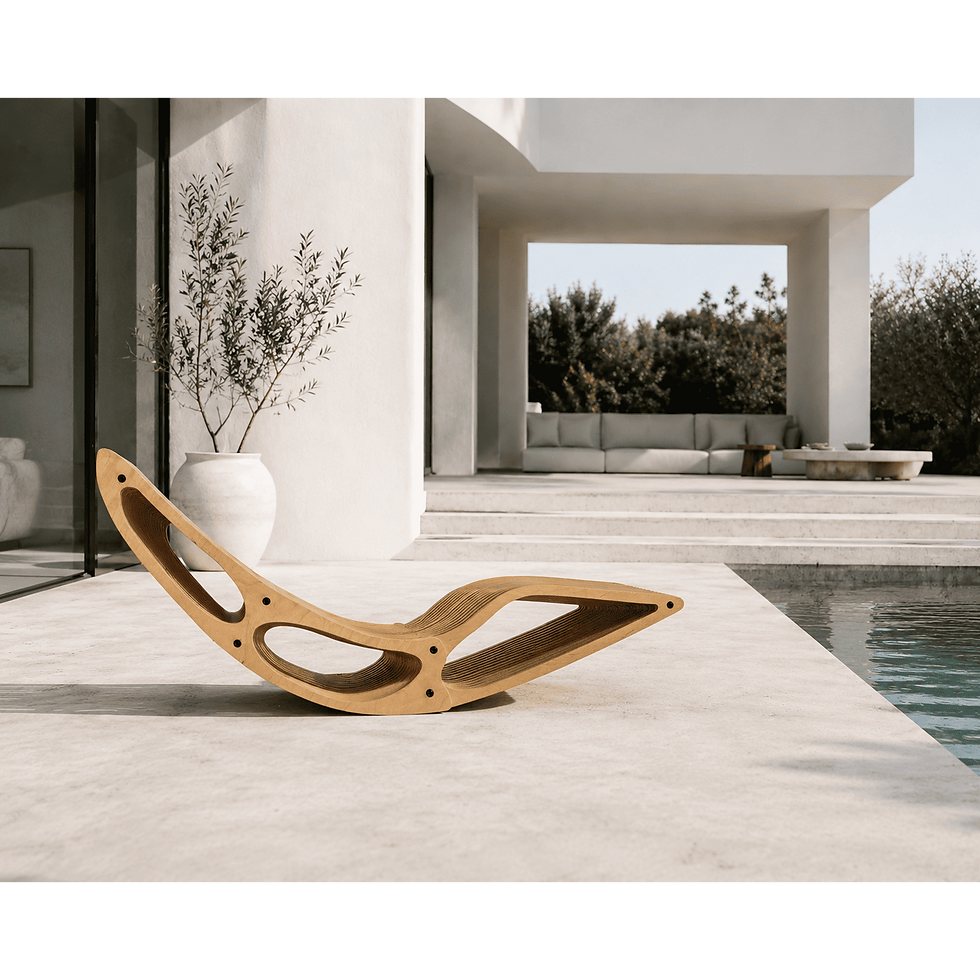 Outdoor chaise lounge chair in sculptural wooden design, modern rocking lounger for poolside, patio, garden