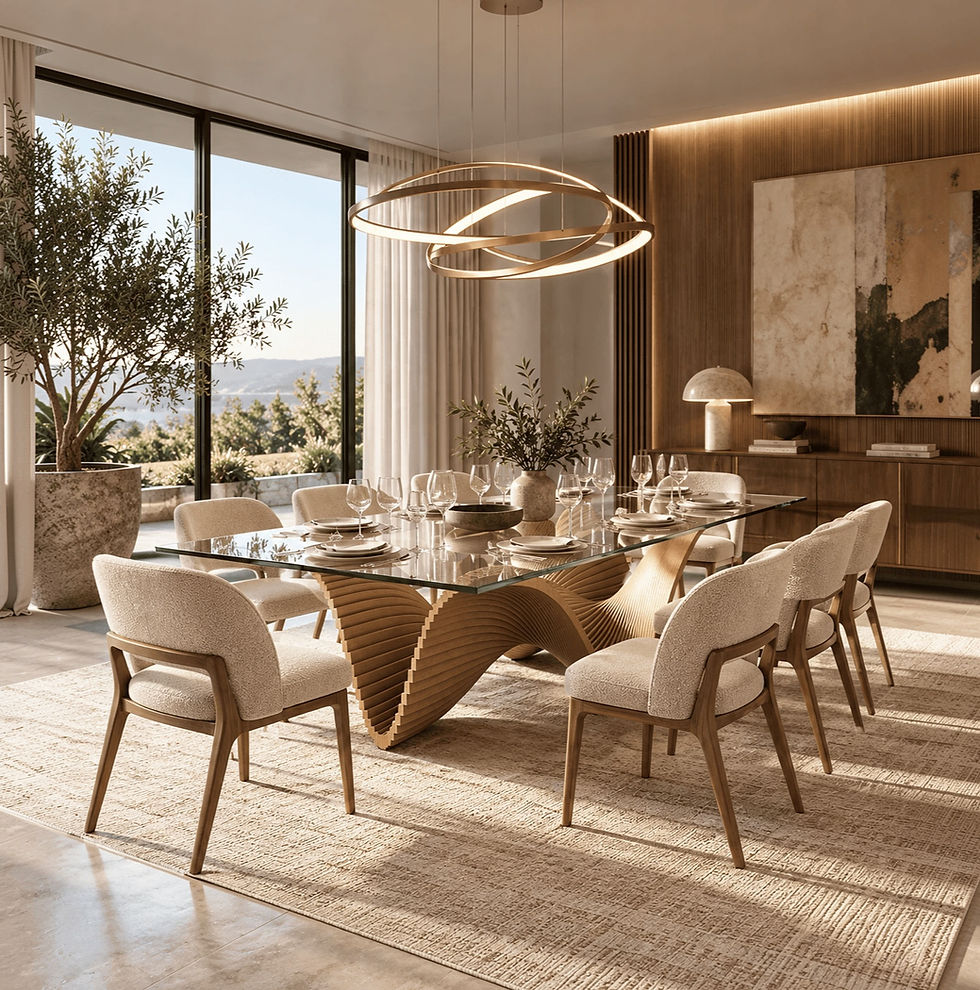 Lightness custom parametric dining table featuring a sculptural wave-shaped wooden base and transparent glass tabletop