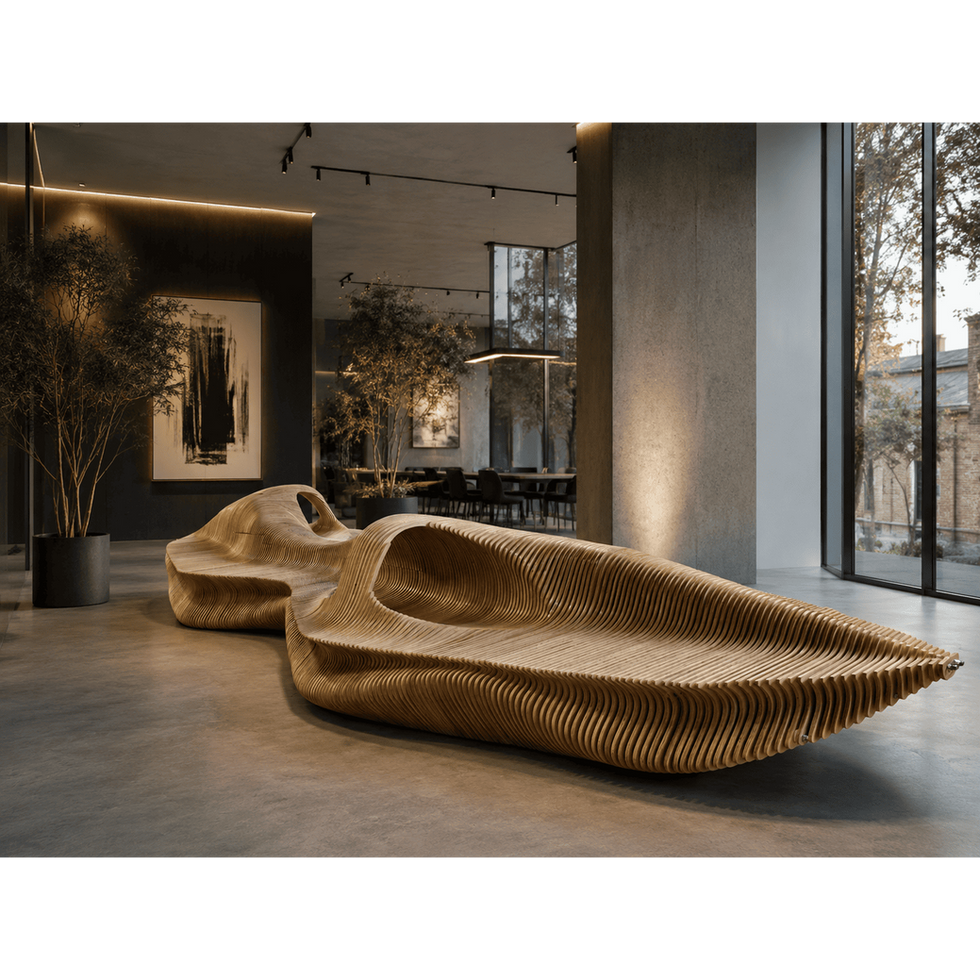 Outdoor bench with sculptural parametric wood design