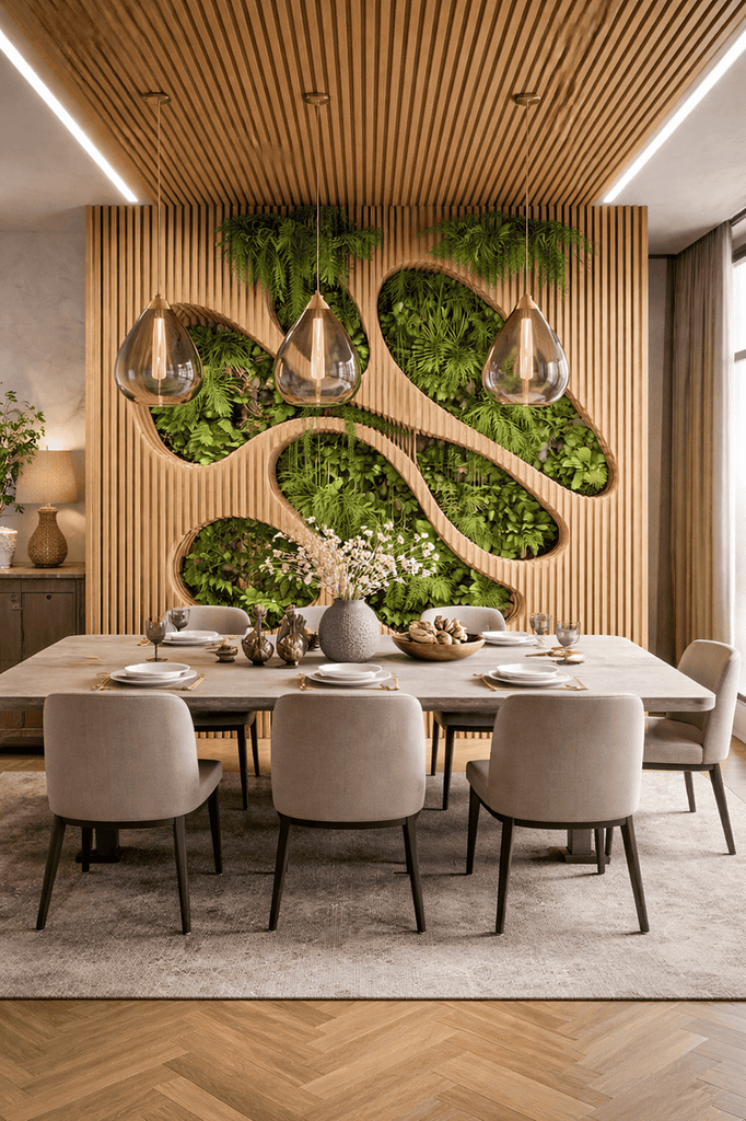 Pandora sculptural dining room wall art in oak and birch plywood with precise vertical panels and organic greenery openings