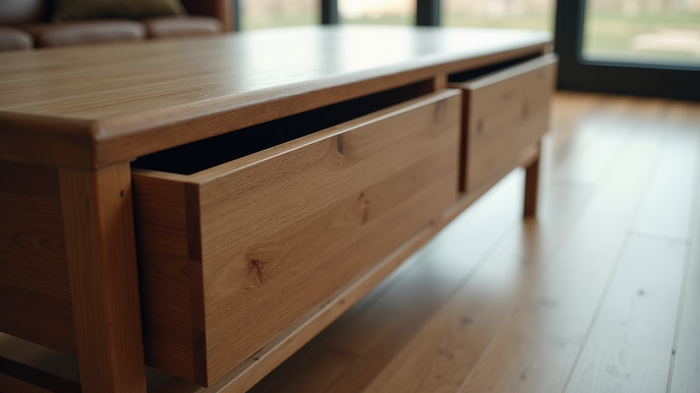 Close-up view of a custom-made coffee table with built-in storage compartments