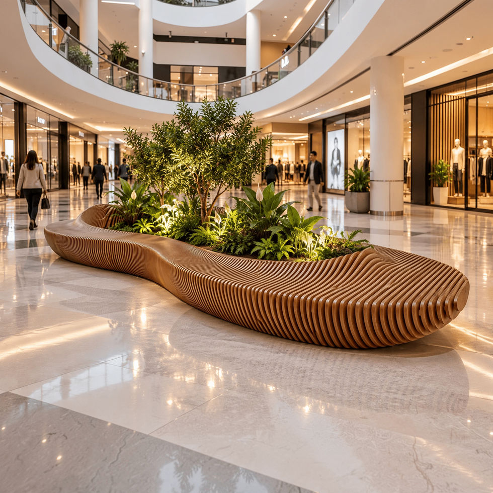 Custom parametric wood bench with integrated flower planter and sculptural curved design in a modern luxury shopping mall.