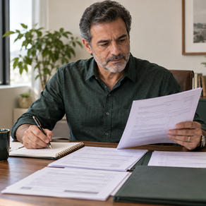 Empresário analisando documentos de contribuição ao INSS e planejamento da aposentadoria.