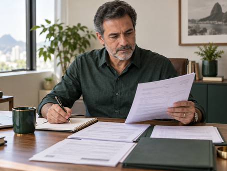 Empresário analisando documentos de contribuição ao INSS e planejamento da aposentadoria.