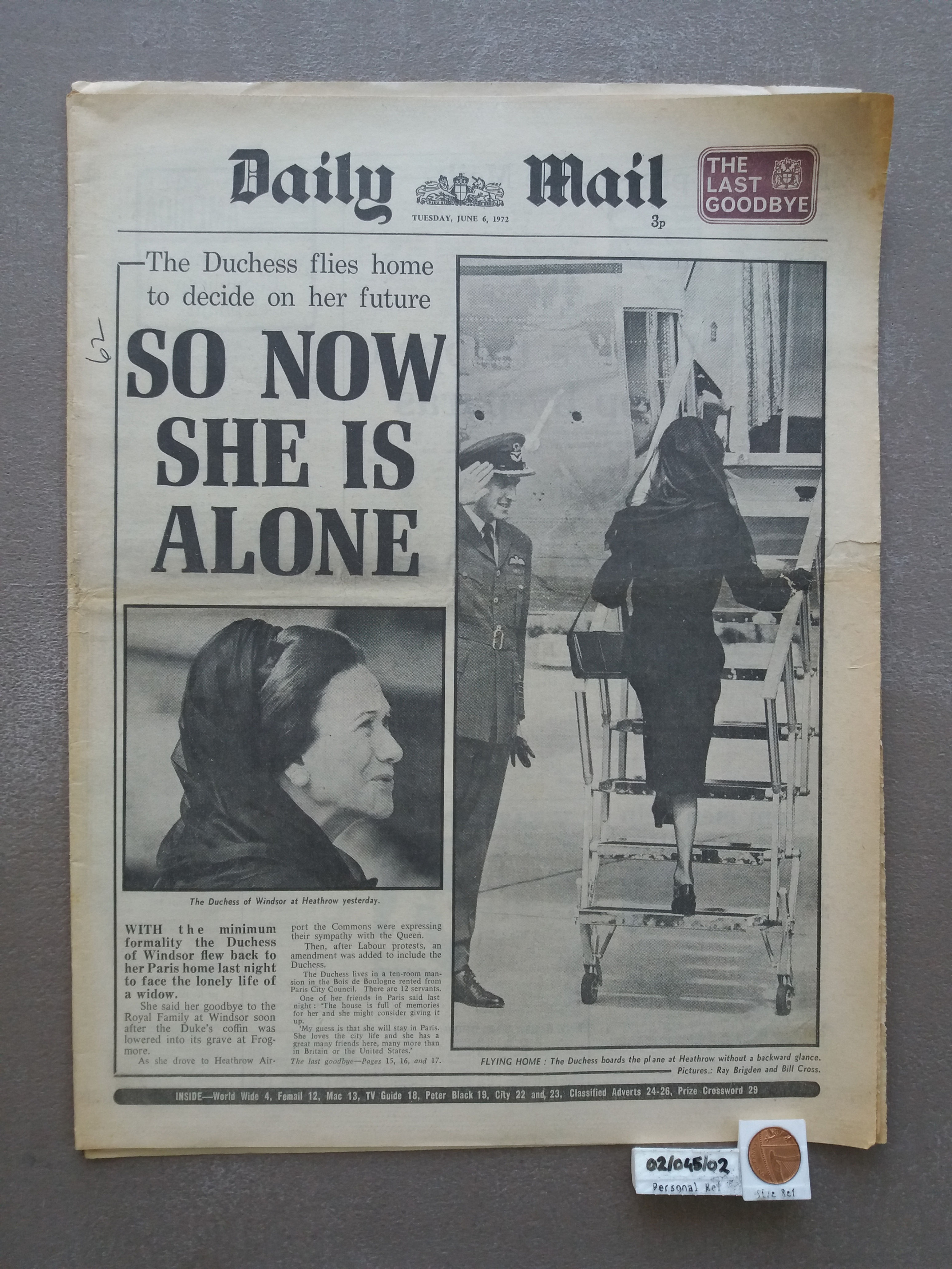Daily Mail - Tuesday 6th June 1972 - Duchess of Windsor Goodbye