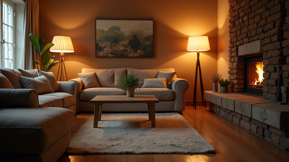 Eye-level view of a cozy living room with warm lighting