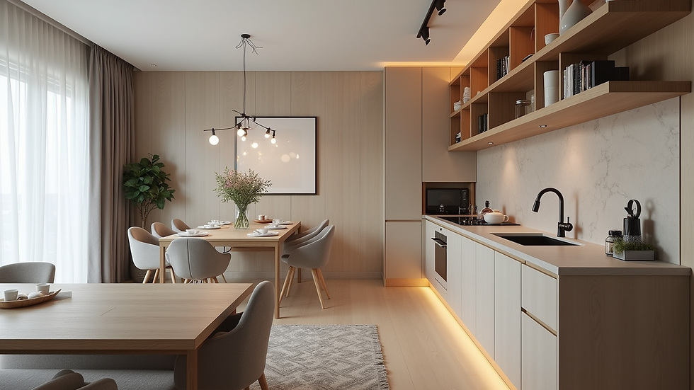 High angle view of a furnished corporate apartment kitchen and dining area