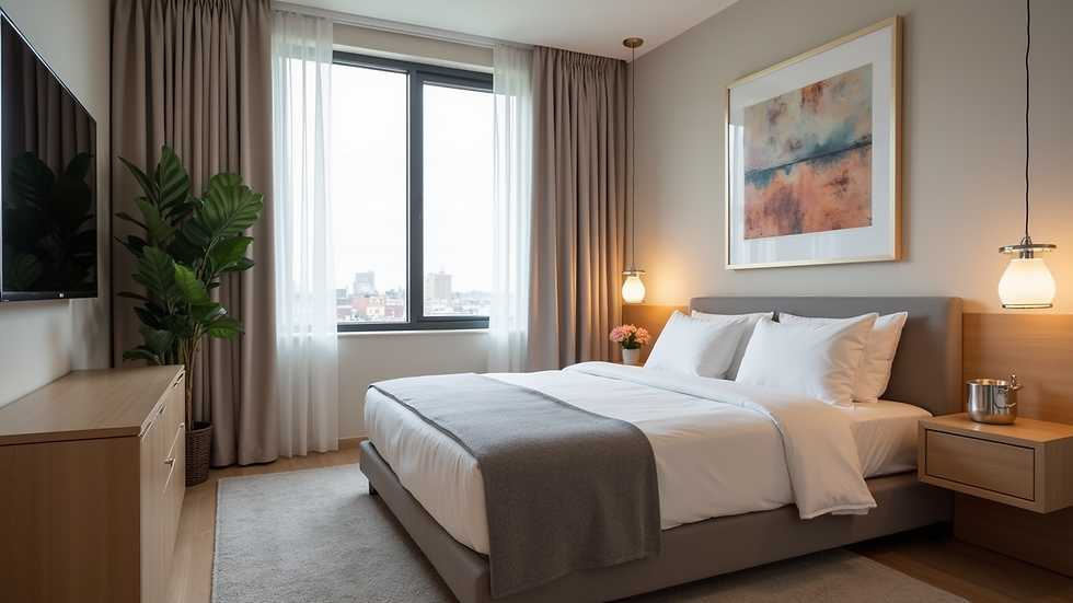 Eye-level view of a cozy bedroom with modern furnishings in a corporate housing unit