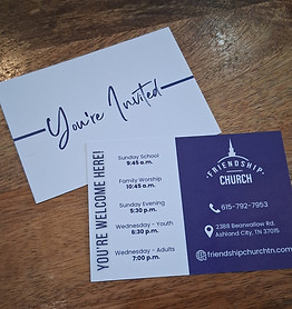 Printed invite card for Friendship Church with service times and contact info for easy sharing