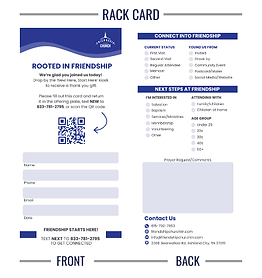 Custom printed rack card designed for Friendship Church — connection card for first-time visitors and members