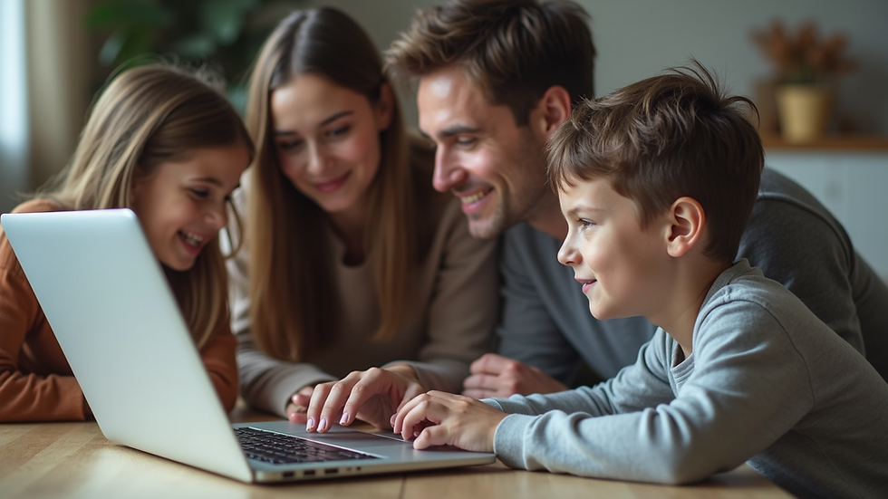 Eye-level view of a family gathered around a laptop discussing online safety