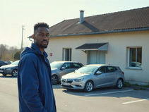 un jeune homme près d'une petit battisse sur un parking