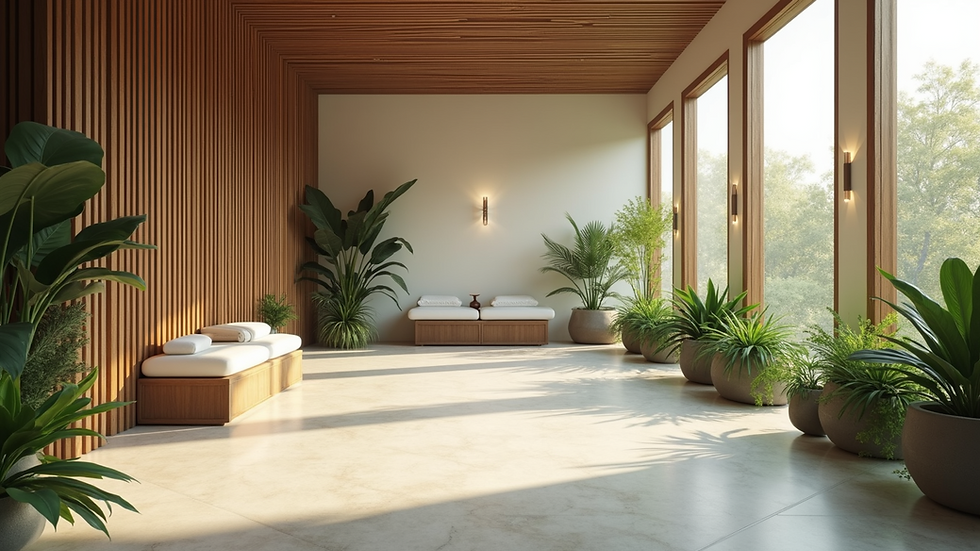Wide angle view of a serene wellness center with plants