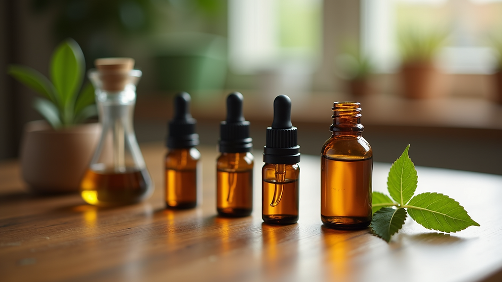 Close-up view of essential oil bottles on a wooden table