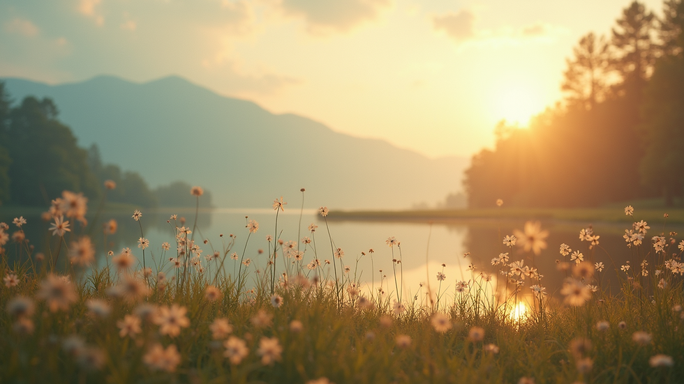 Close-up view of a serene natural landscape with soft sunlight filtering through trees