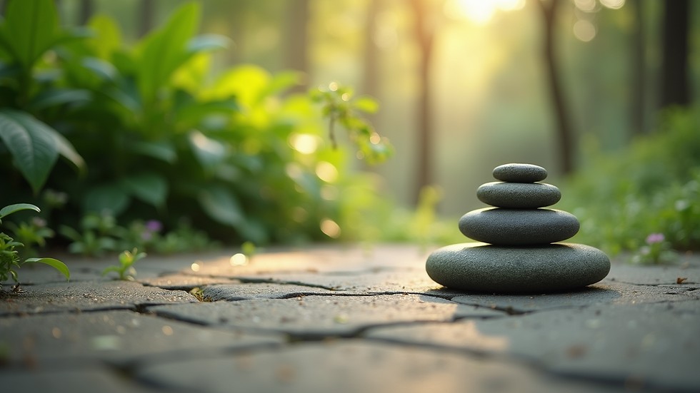 Wide angle view of a tranquil outdoor space for meditation