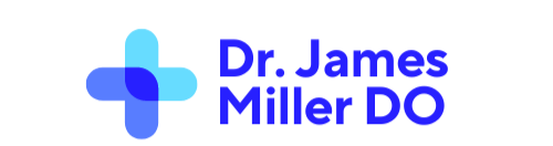 Blue medical cross logo with text Dr. James Miller DO on black background.
