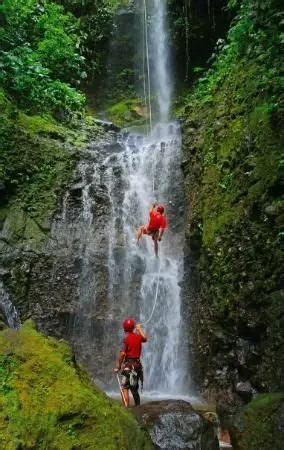 Descenso de barrancos en una cascada rodeada de vegetación.