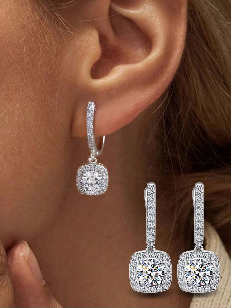 925 Sterling Silver Fashion Simple Square Zircon Hoop Earring For Women Engageme