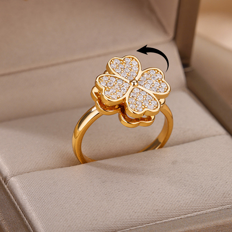 Spinner Zircon Heart Four Leaf Clover Rings For Women Stainless Steel Anti Stres