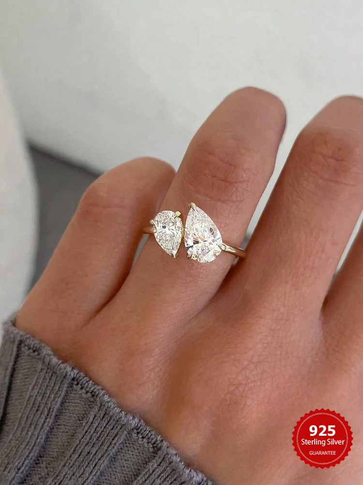 925 Sterling Silver Sparkling Water Drop Interweaving Dazzling Clear Pear Finger
