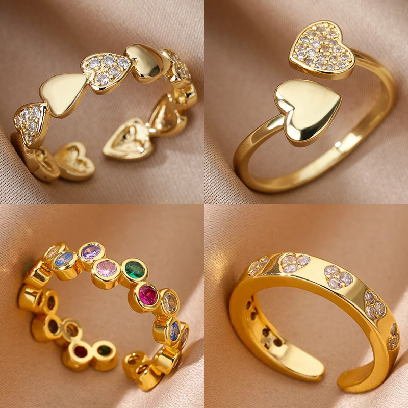 Zircon Geometric Heart Rings For Women Stainless Steel Gold Color Wedding Ring L