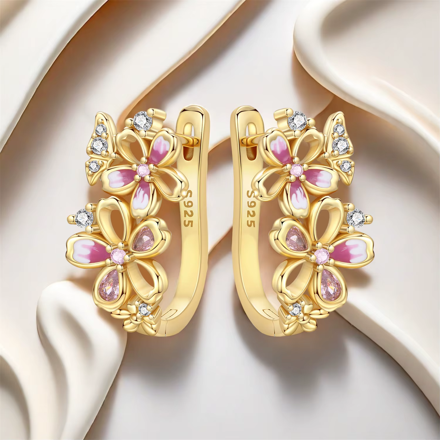 2026 New 925 Sterling Silver 18K Gold Plated Cherry Blossom Butterfly Hoop Earri
