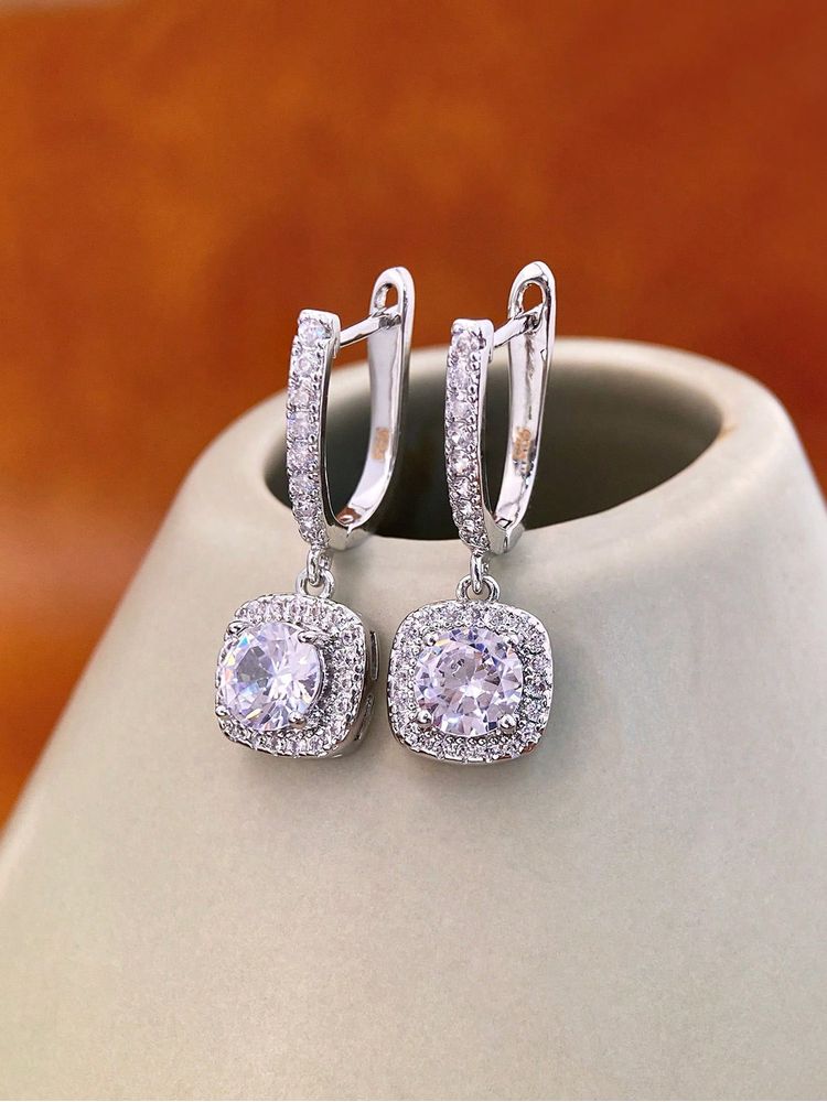 925 Sterling Silver Fashion Simple Square Zircon Hoop Earring For Women Engageme