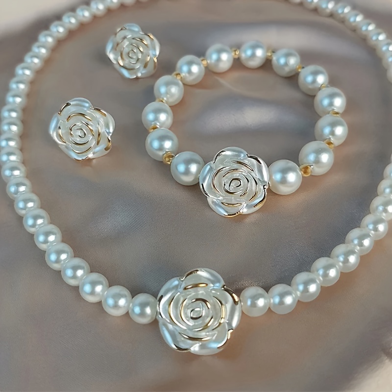 Elegant Imitation Pearl Delicate Flower Necklace Bracelets Earrings Women's Dail