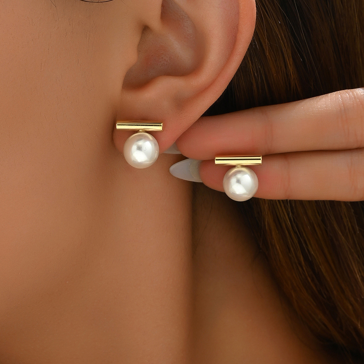 Simple Imitation Pearl Stud Earrings Gold Color Alloy Acrylic Beads Earring For