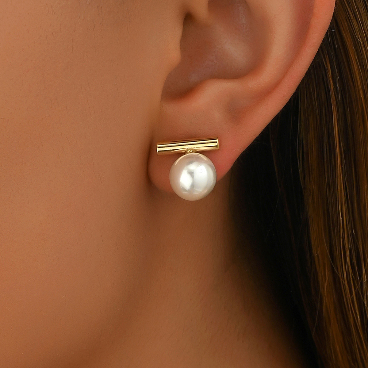 Simple Imitation Pearl Stud Earrings Gold Color Alloy Acrylic Beads Earring For